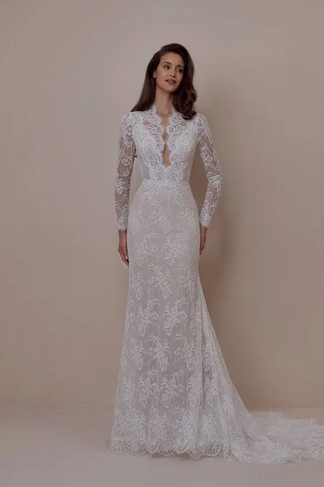 LP2638 Koko by Calla Blanche: Trumpet silhouette, deep V-neck neckline, long sleeves, lace