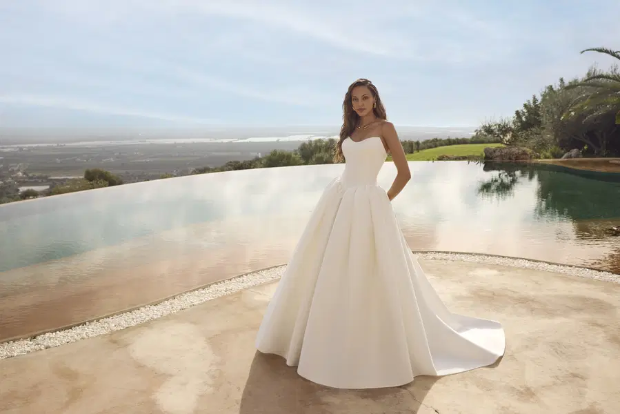 Ghada by Modeca Bridal: Ball Gown silhouette, sweetheart neckline, mikado, chapel train