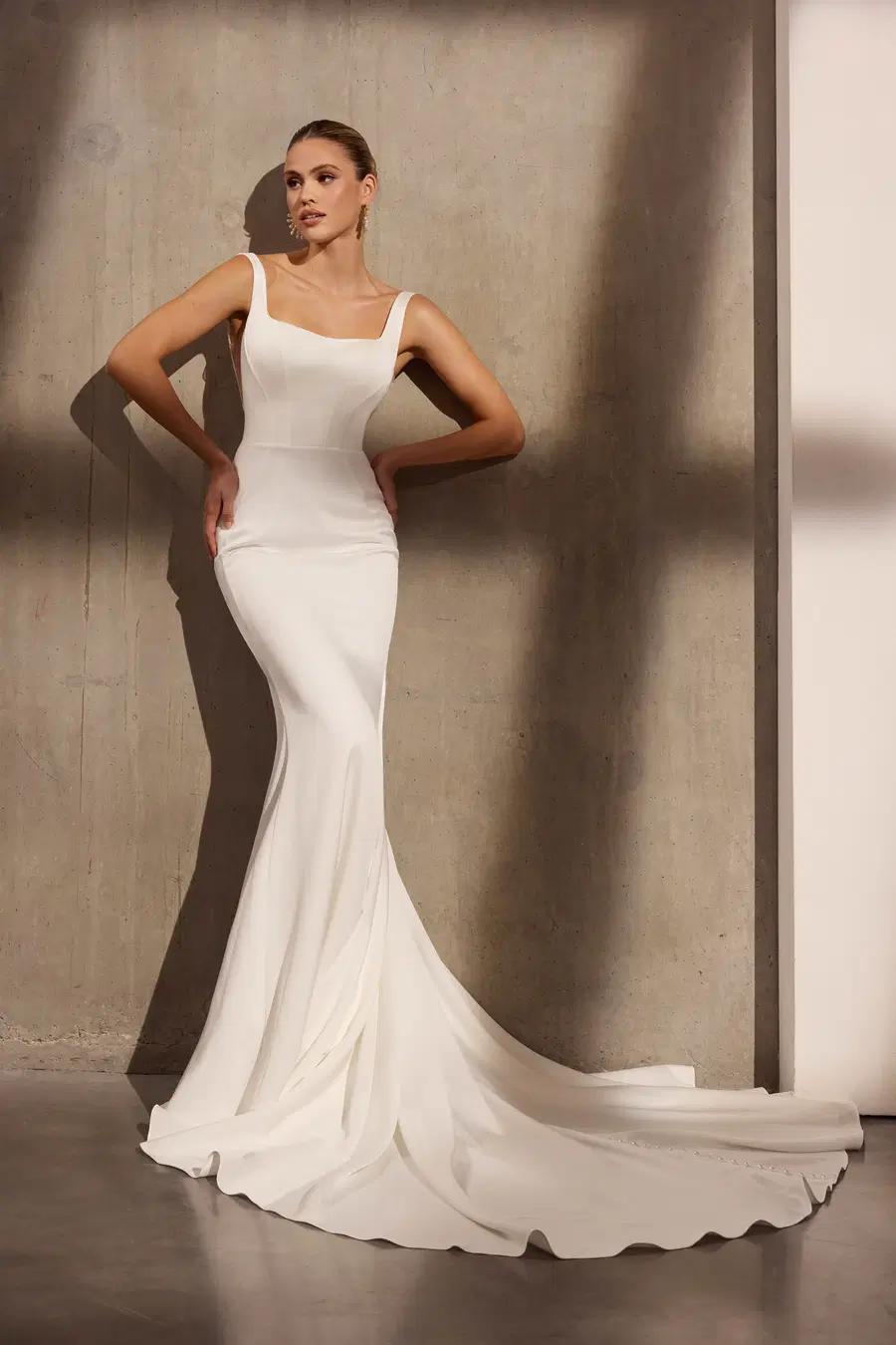 Nicola by Avenue by Josephine Scott: Mermaid silhouette, square neckline, long sleeves, crepe