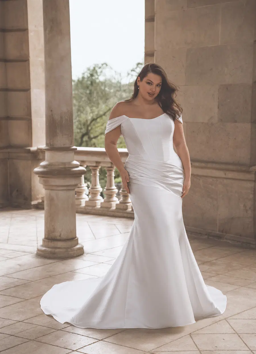 Tova by Portrait: Straight silhouette, scoop neckline, mikado, chapel train
