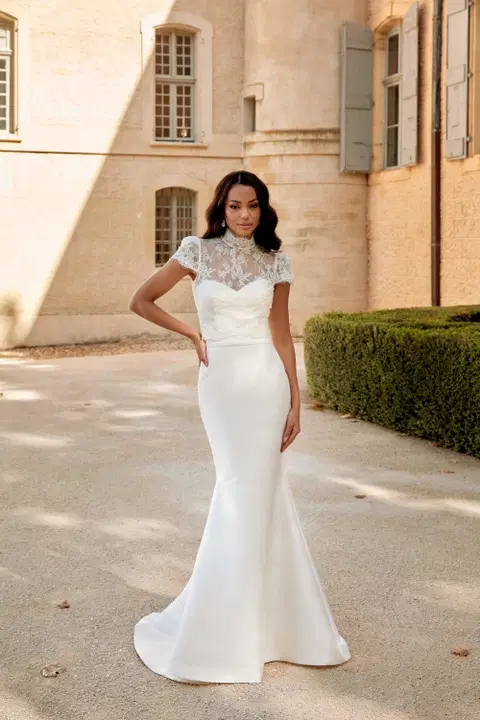 Style 44578 wedding dress by Sincerity Bridal, trumpet, lace