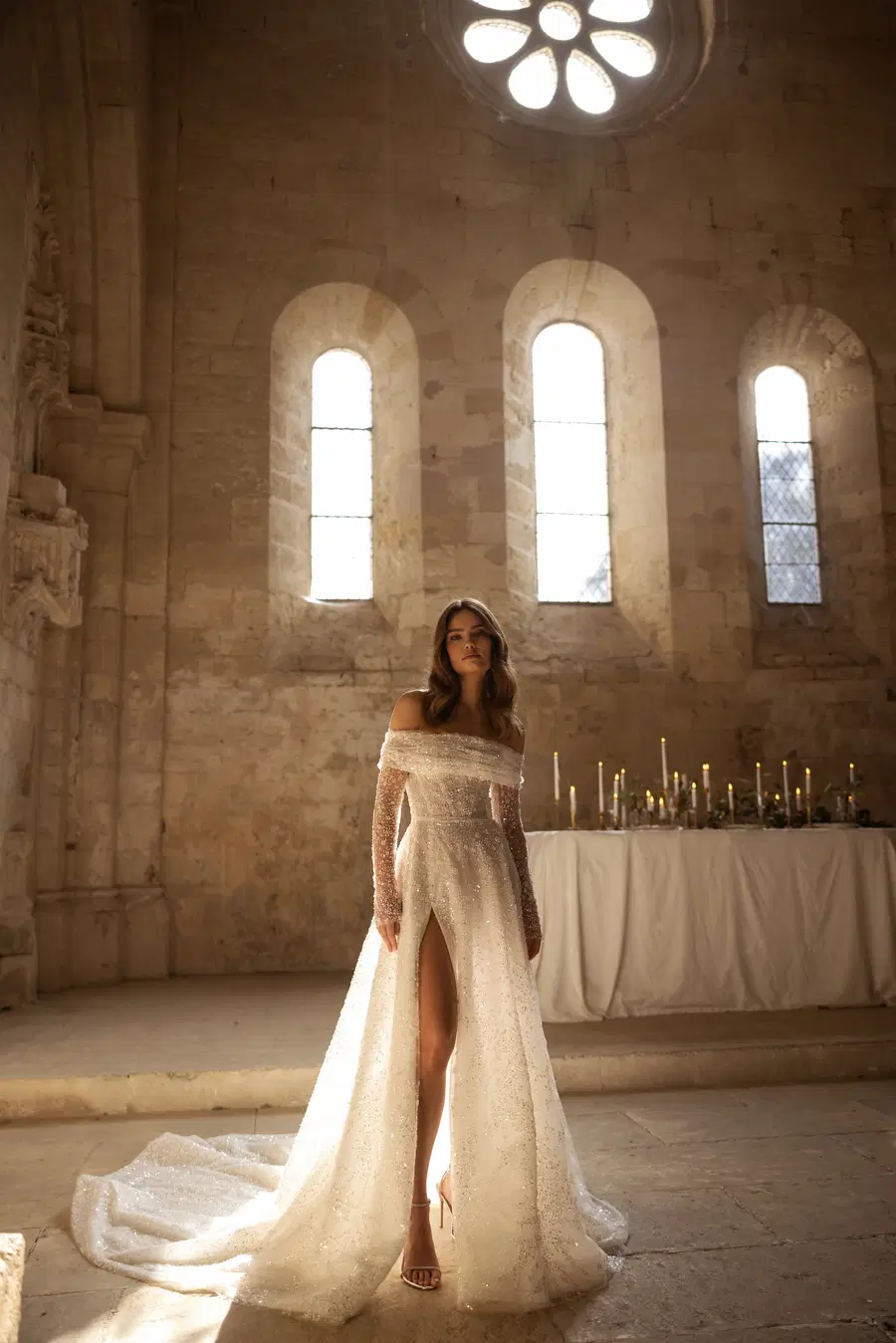 Dita by Eva Lendel: A-Line silhouette, off-shoulder neckline, long sleeves, lace