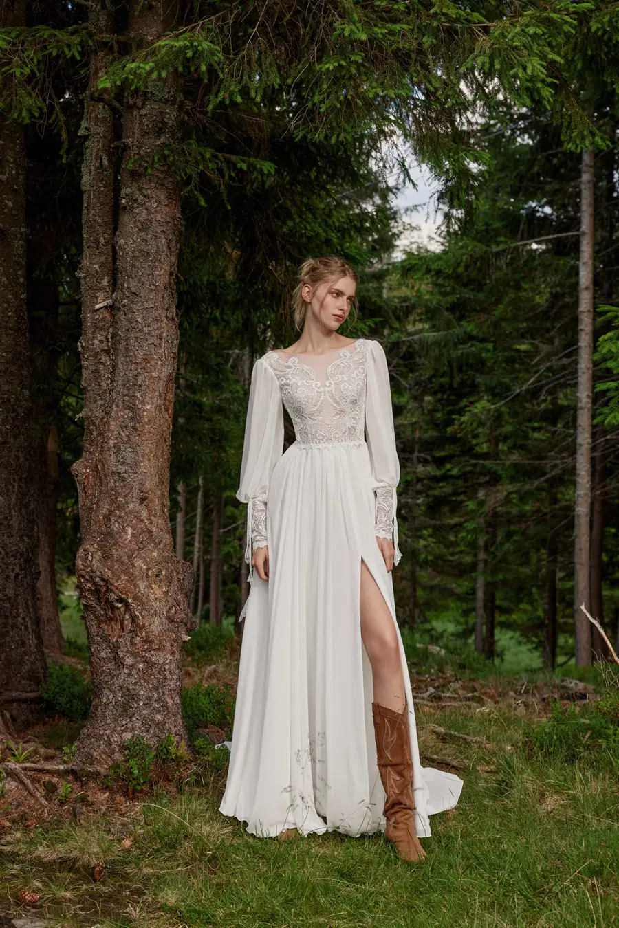 Clyde by Ariamo Boho: A-Line silhouette, illusion neckline, long sleeves, chiffon