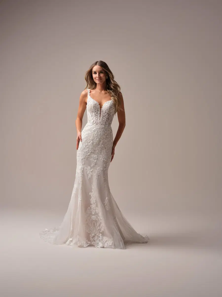 Candice by Rebecca Ingram: Mermaid silhouette, deep V-neck neckline, sleeveless, lace