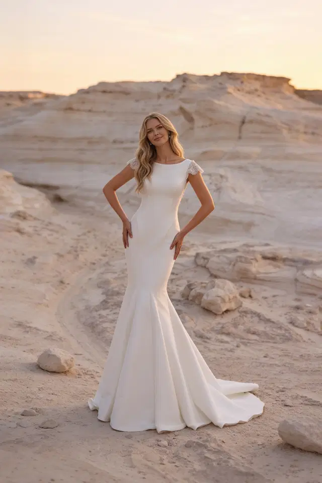 A130 Chloe by Aveline: Mermaid silhouette, boat neck neckline, short sleeves, mikado