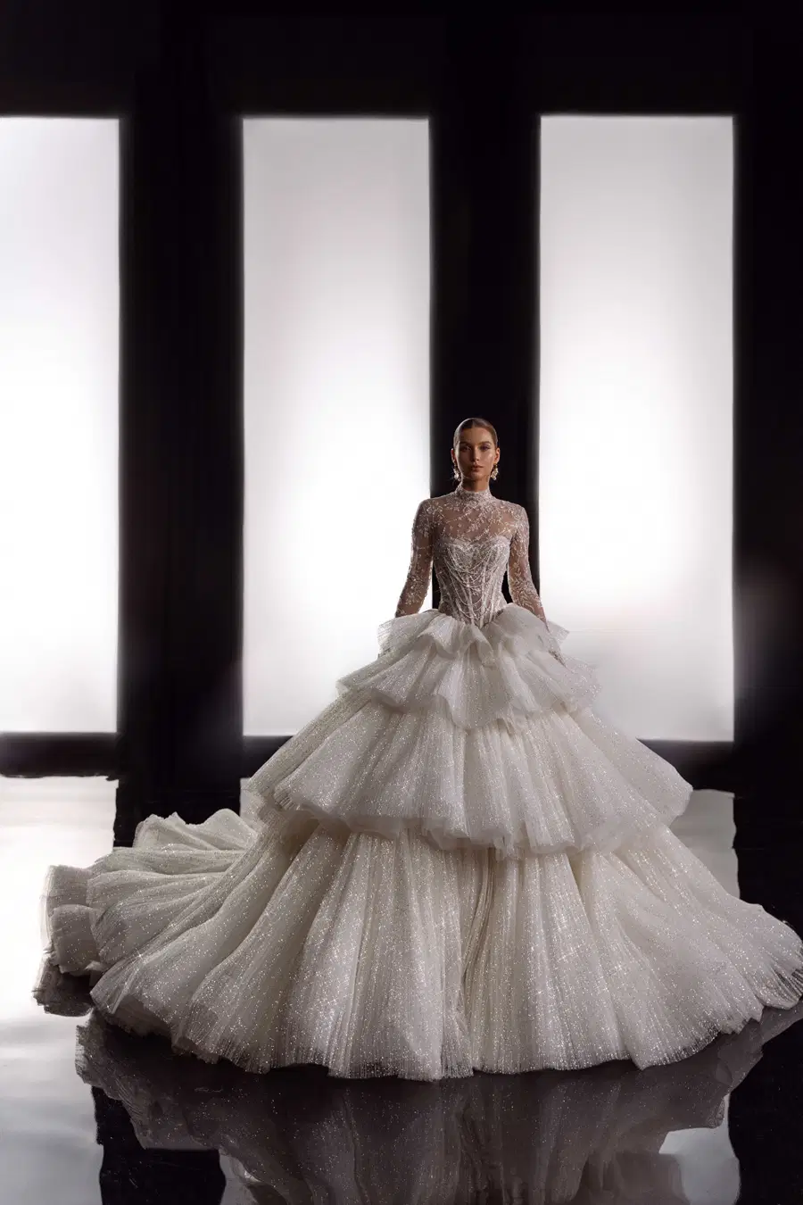 Angela by Tina Valerdi: Ball Gown silhouette, high / halter neckline, long sleeves, tulle