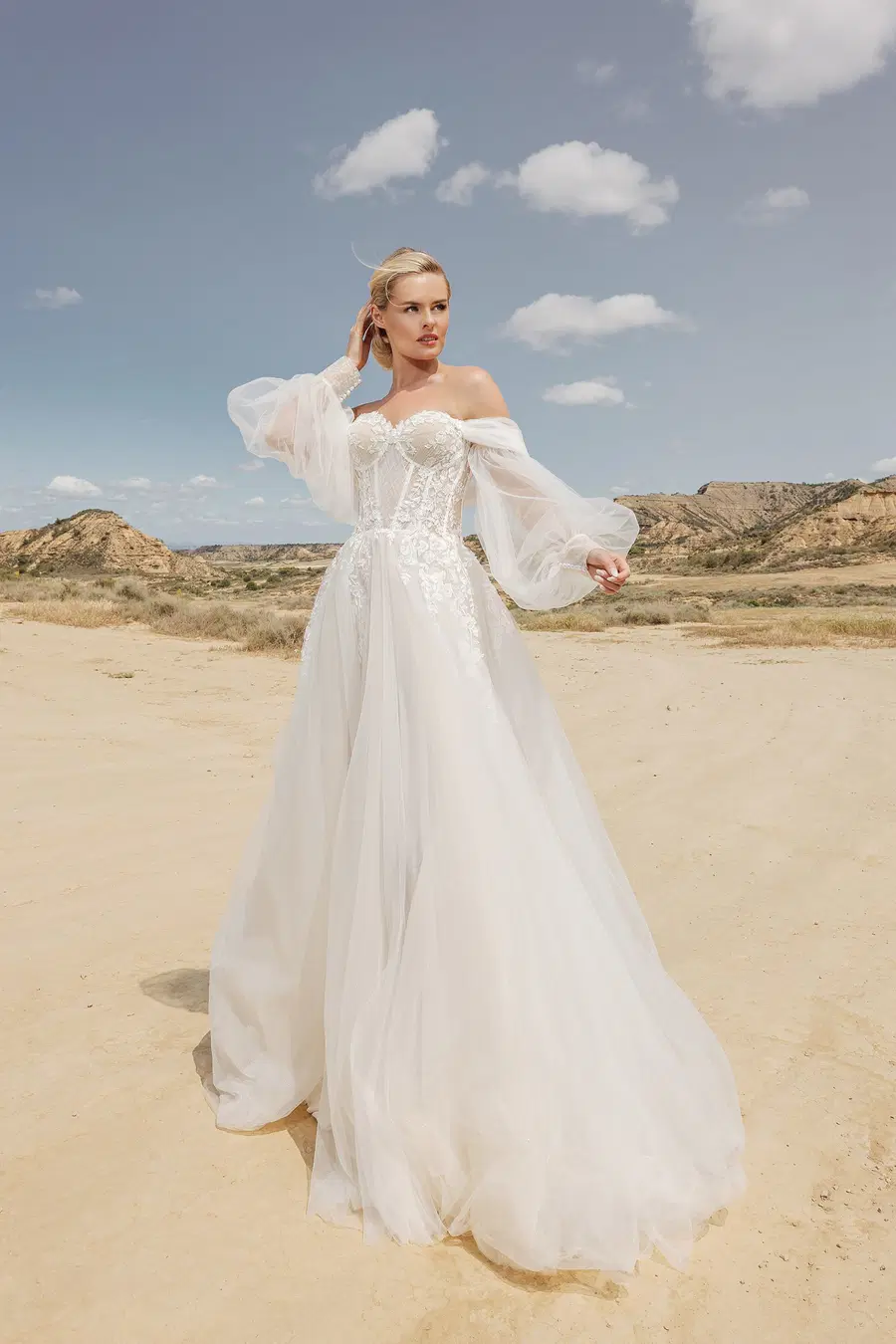 DT103 by Duett: Ball Gown silhouette, sweetheart neckline, long sleeves, tulle