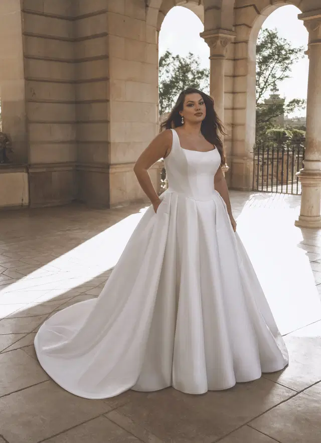 Torvi by Portrait: Ball Gown silhouette, square neckline, mikado, cathedral train