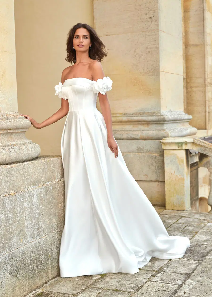 DEAREST by Dando London: A-Line silhouette, straight neckline, satin, cathedral train