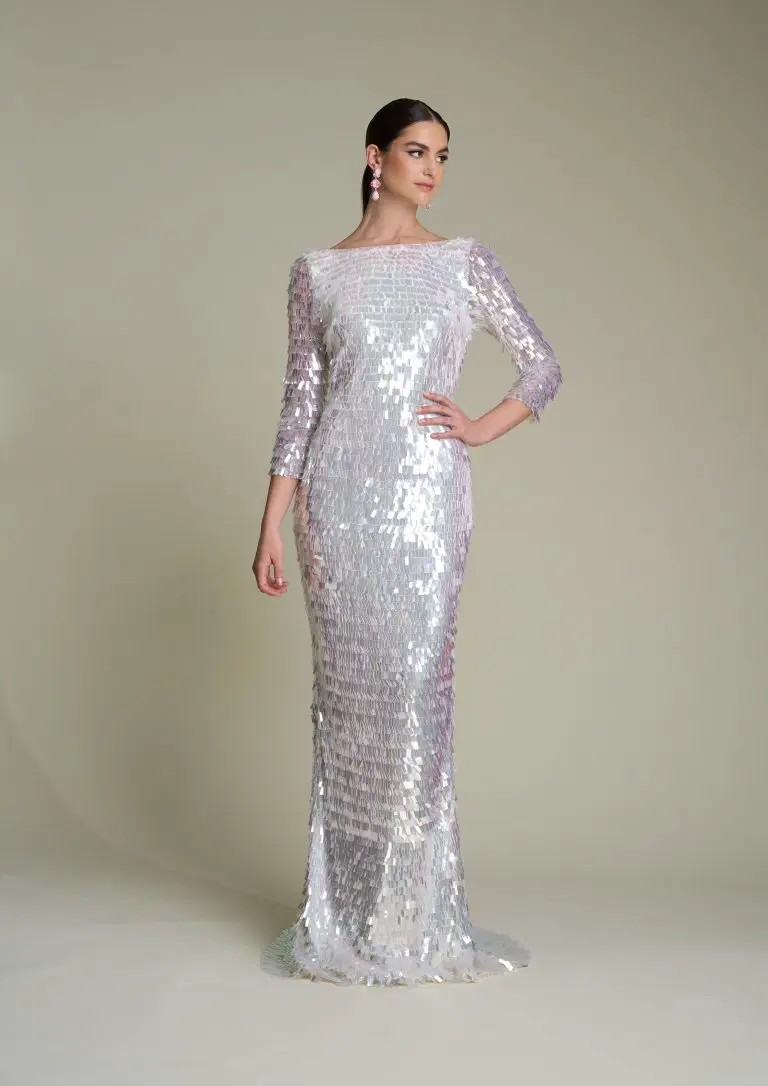 Carla by Eliza Jane Howell: Trumpet silhouette, boat neck neckline, three-quarter sleeves, tulle
