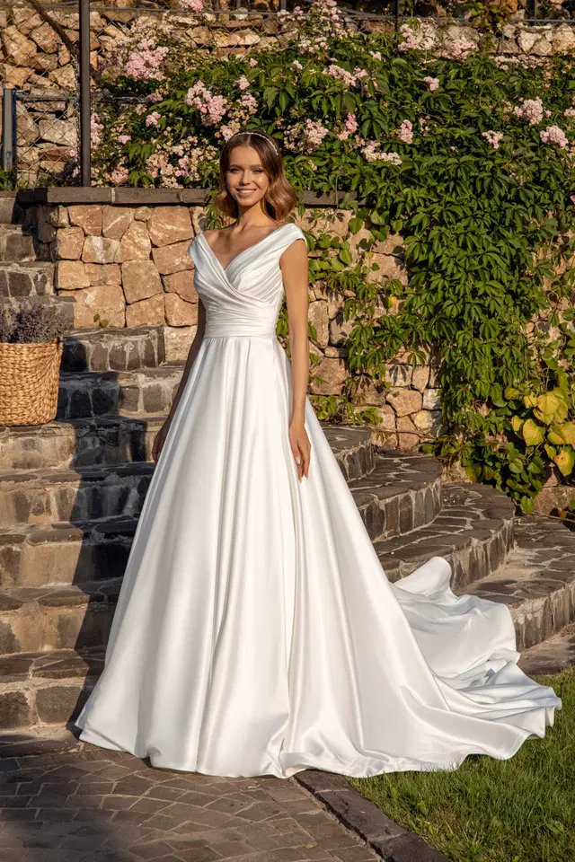 1072 by Angela Bianca: Ball Gown silhouette, off-shoulder neckline, satin