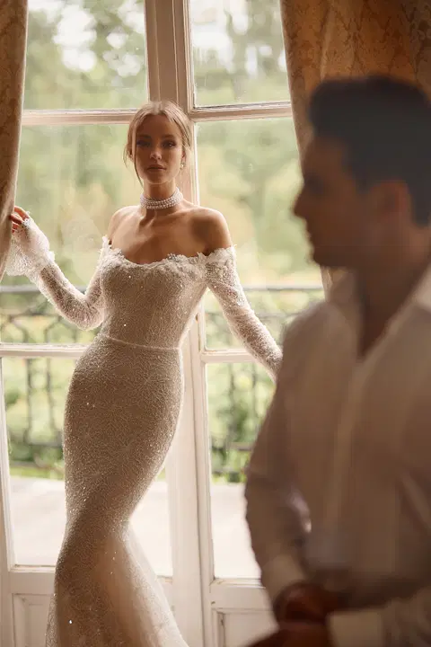 Cortez wedding dress by Eva Lendel, fit & flare, lace