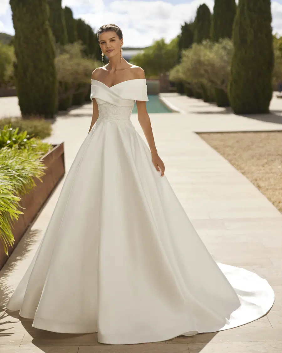 Sorina by Adriana Alier: Ball Gown silhouette, off-shoulder neckline, mikado