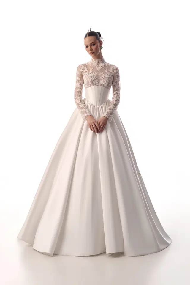 Rini by Innocentia: Ball Gown silhouette, high / halter neckline, long sleeves, lace