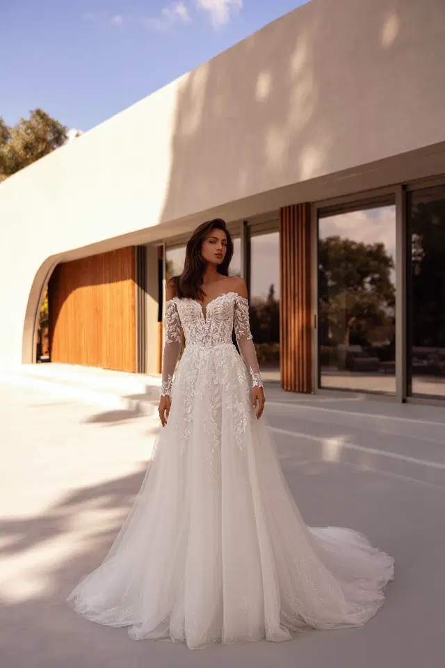 1508 by Demetrios: A-Line silhouette, sweetheart neckline, long sleeves, lace