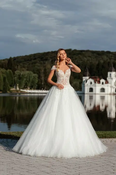 Style 5574 wedding dress by Serena Bridal, ball gown, lace