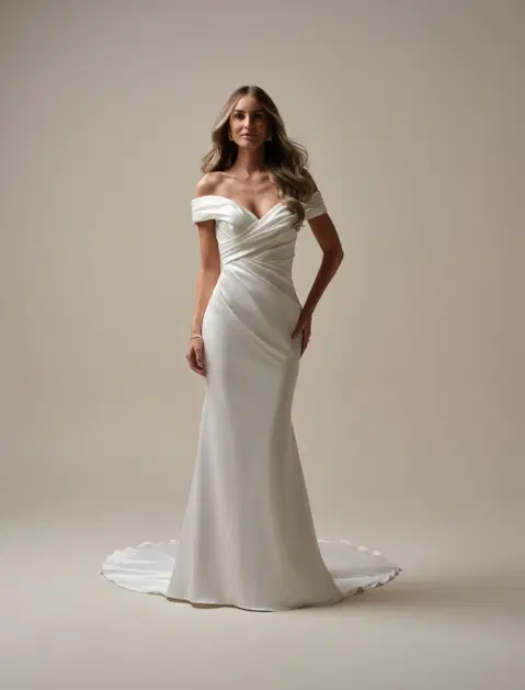 Latoya wedding dress by Rebecca Ingram, fit & flare, satin