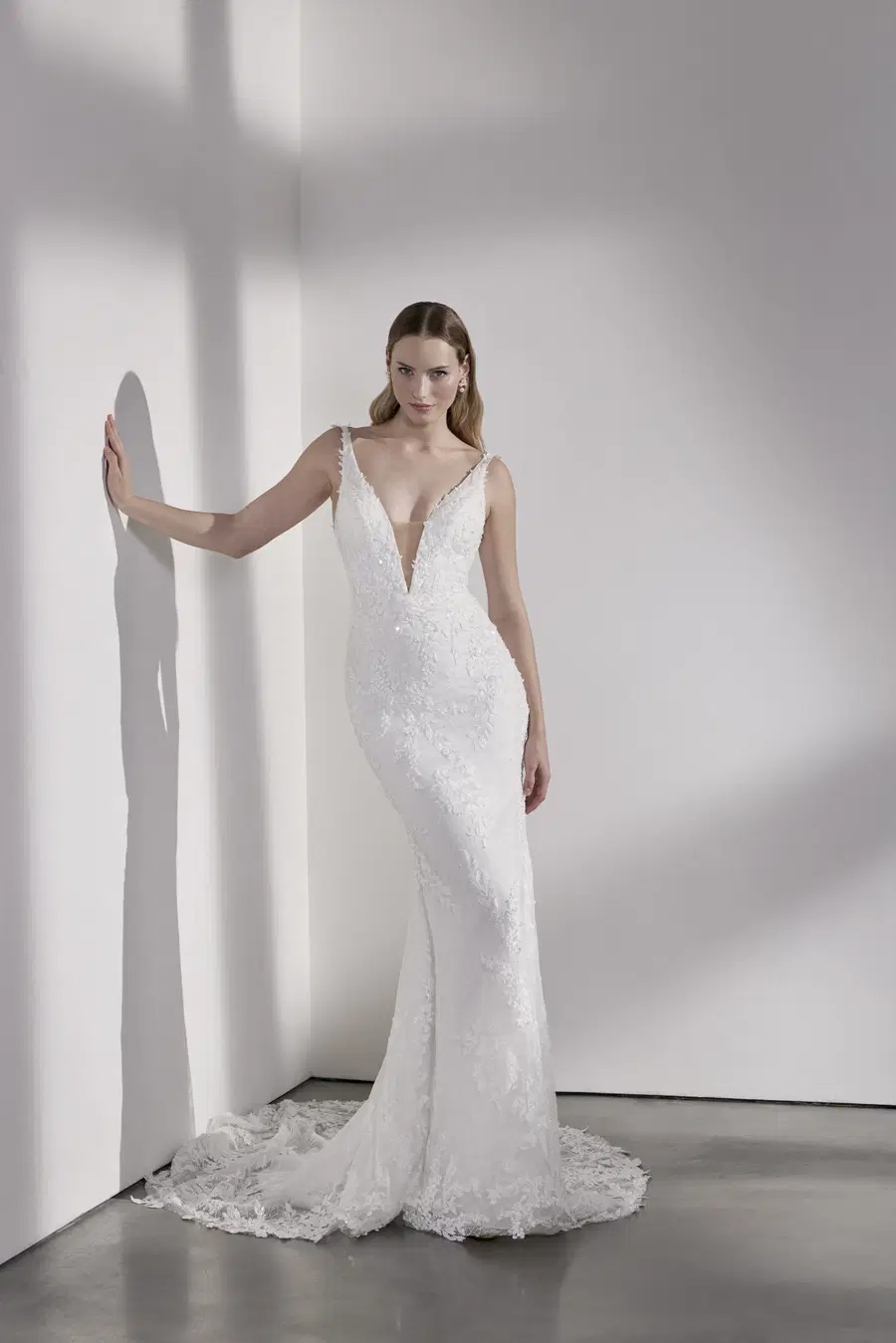 Mayfair by Avenue by Josephine Scott: Mermaid silhouette, deep V-neck neckline, sleeveless, lace