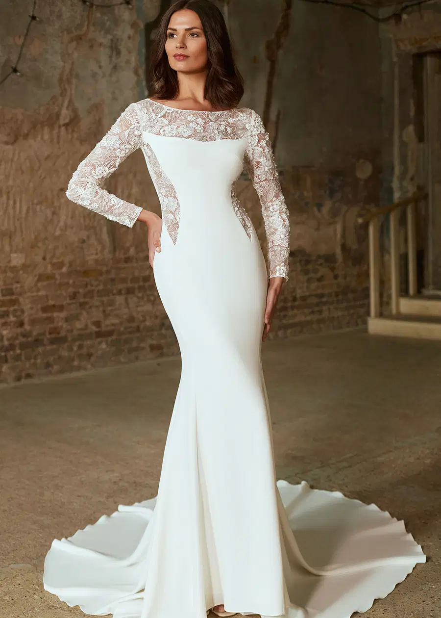 GIVENCHY by Dando London: Trumpet silhouette, illusion neckline, long sleeves, crepe