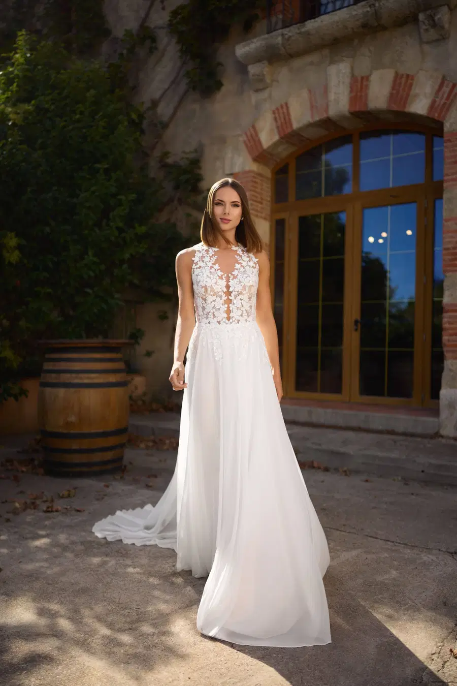 27416 by Très Chic: A-Line silhouette, illusion neckline, sleeveless, chiffon