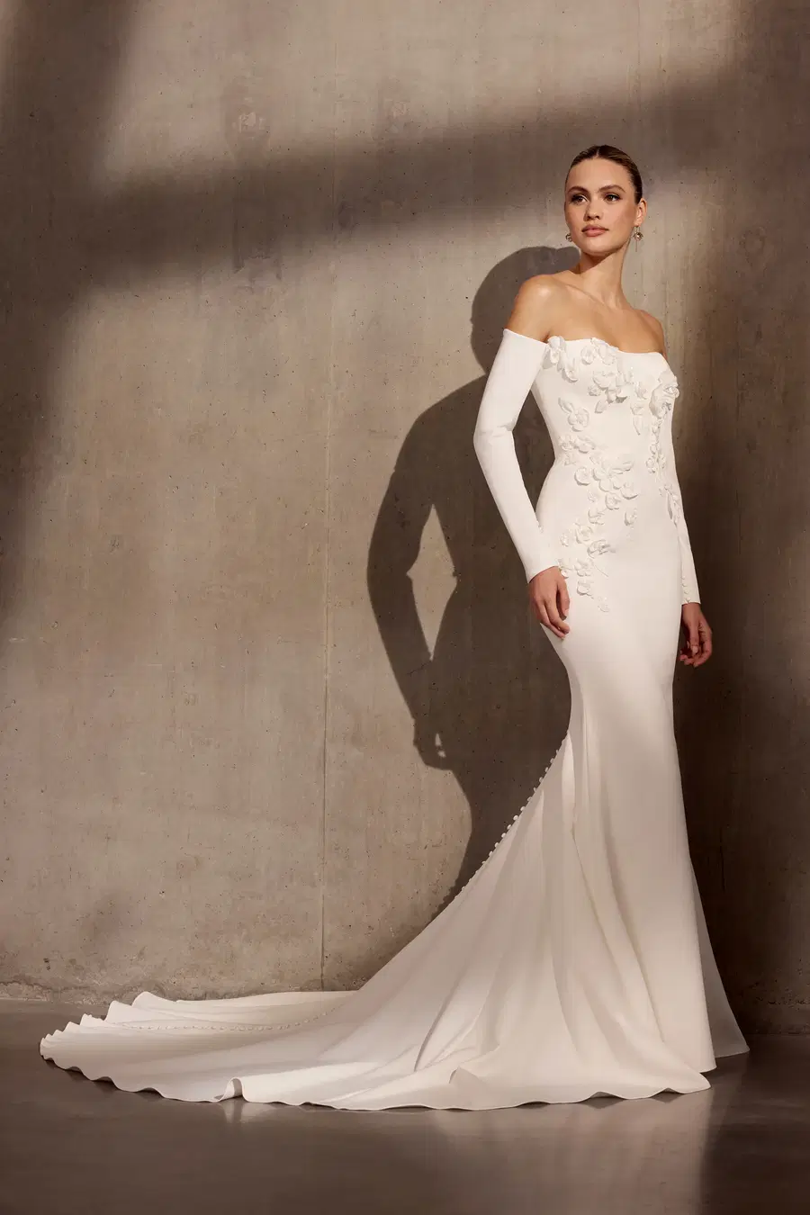 Camille by Avenue by Josephine Scott: Mermaid silhouette, off-shoulder neckline, long sleeves, crepe