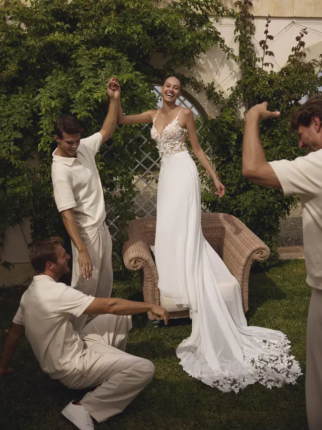 Gill by Modeca Bridal: A-Line silhouette, V-neck neckline, chiffon, sweep / brush train