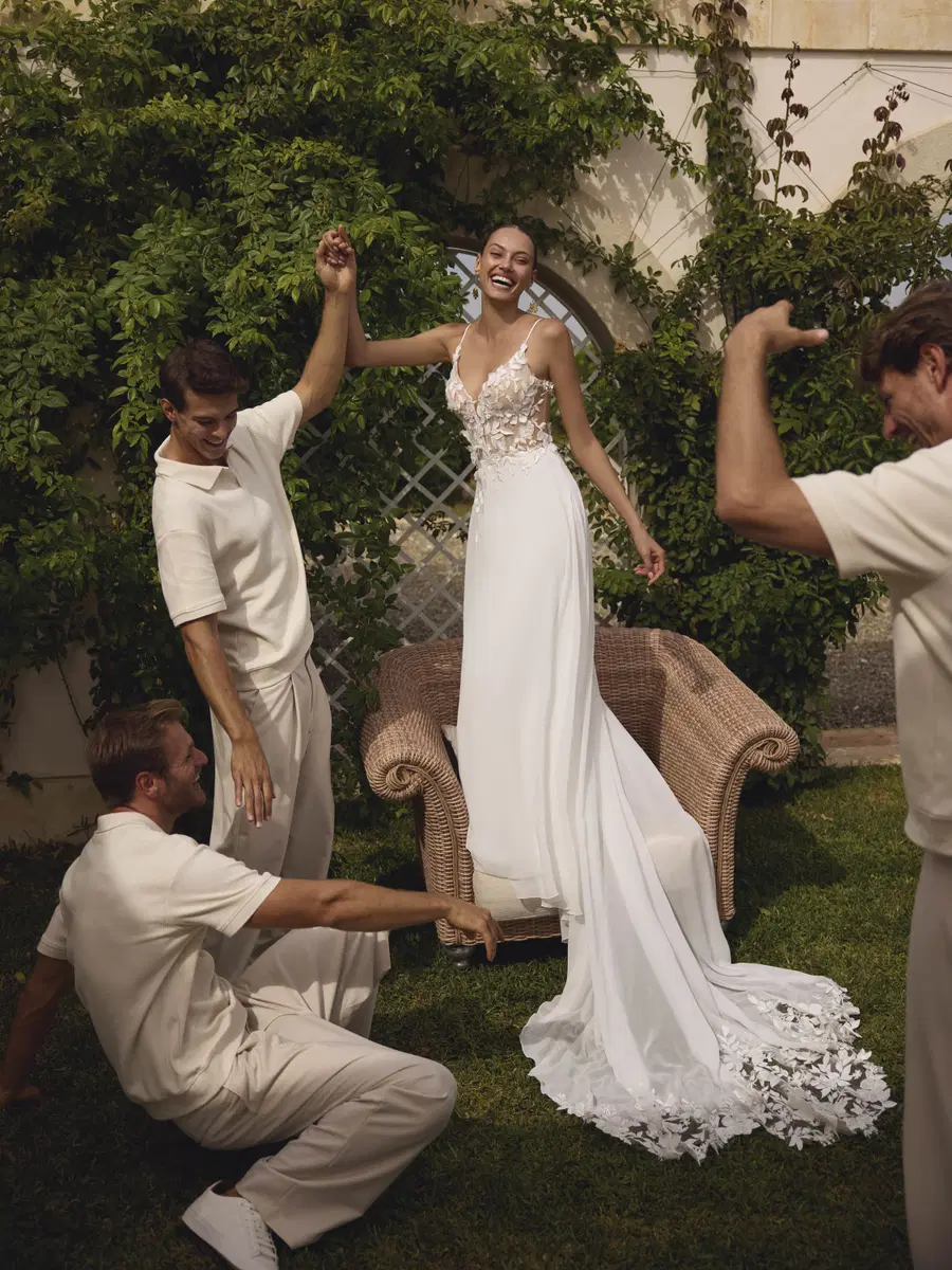 Gill by Modeca Bridal: A-Line silhouette, V-neck neckline, chiffon, sweep / brush train
