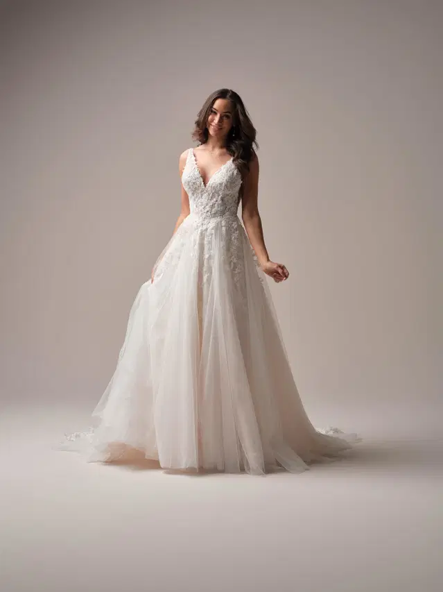Honor by Rebecca Ingram: A-Line silhouette, deep V-neck neckline, sleeveless, lace