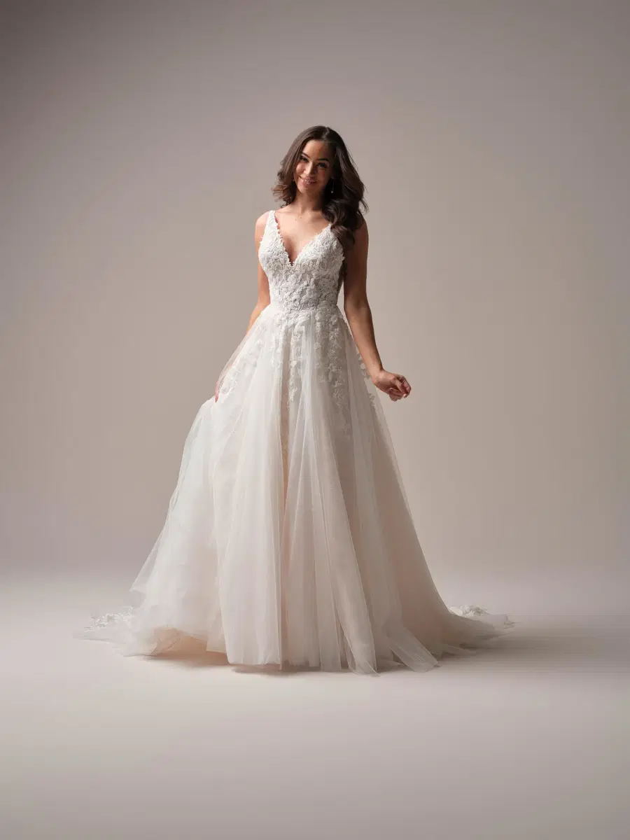 Honor by Rebecca Ingram: A-Line silhouette, deep V-neck neckline, sleeveless, lace
