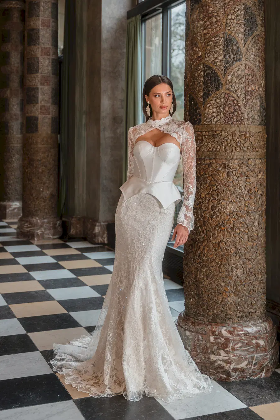 Aspen by Diane Legrand: A-Line silhouette, high / halter neckline, long sleeves, lace