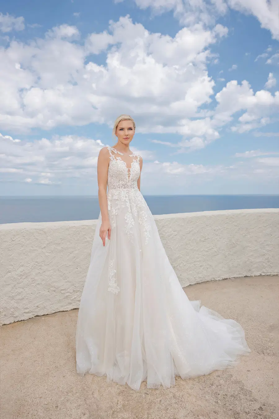 B2412 by Amera Vera: Ball Gown silhouette, deep V-neck neckline, sleeveless, lace