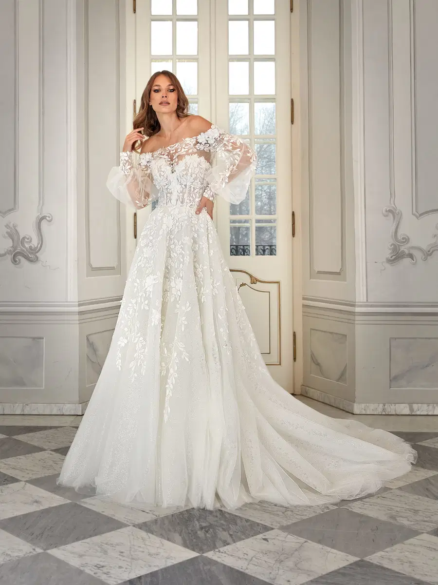 Nessa by Vanilla Sposa: A-Line silhouette, off-shoulder neckline, puff sleeves, lace