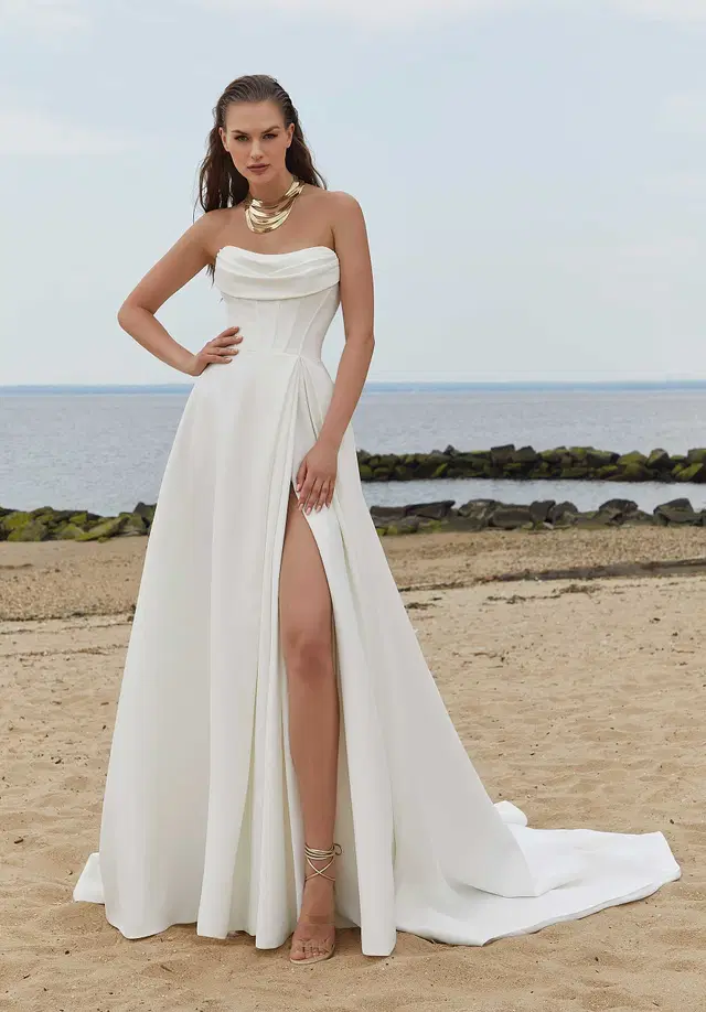 Pippa by Mori Lee: A-Line silhouette, scoop neckline, satin