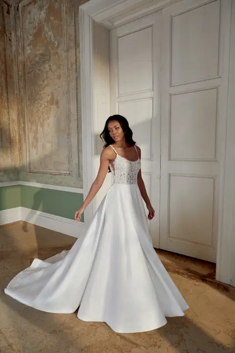 Style 44539 wedding dress by Sincerity Bridal, A-line, mikado