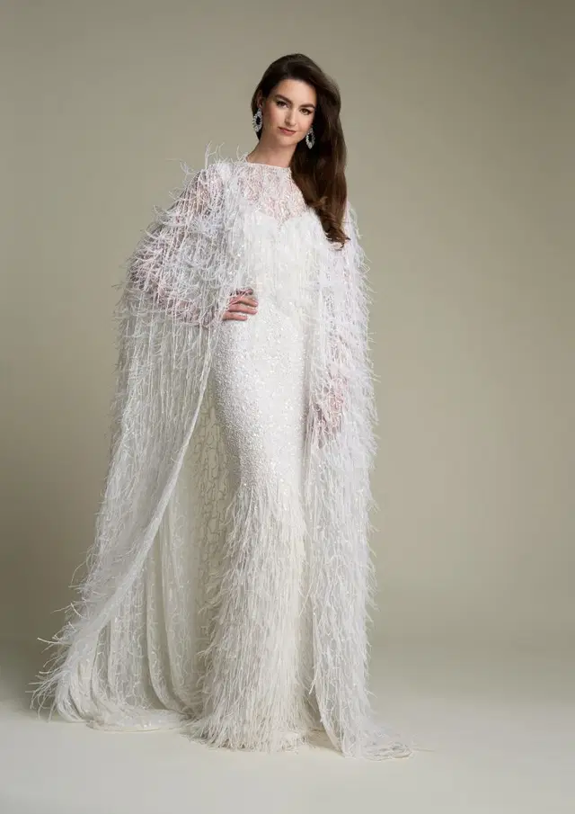 Eugene dress & Eugene cape by Eliza Jane Howell: Mermaid silhouette, illusion neckline, sleeveless, tulle