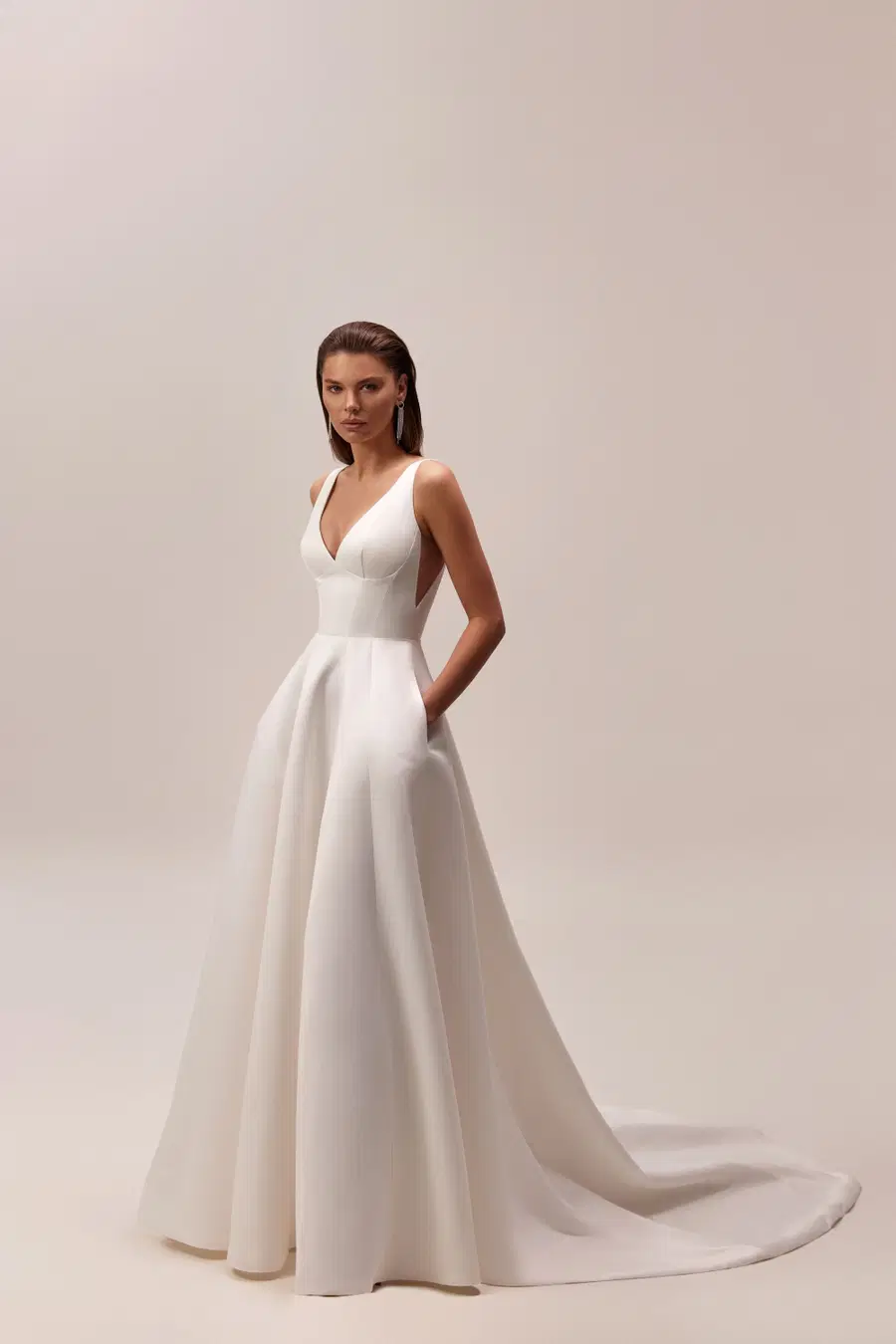Hydrangea by Milla Nova: A-Line silhouette, deep V-neck neckline, satin