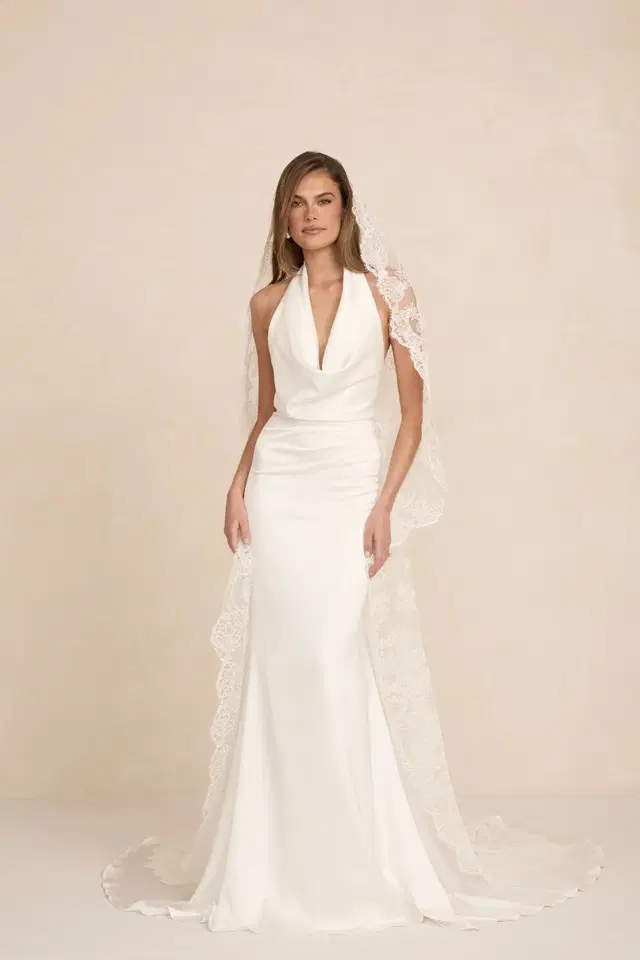 Palmer Satin by MWL Bride: Trumpet silhouette, high / halter neckline, sleeveless, satin