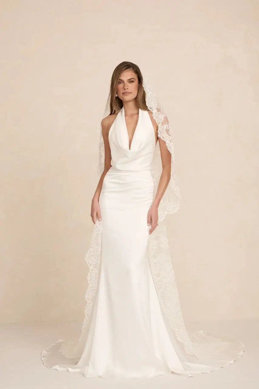 Palmer Satin by MWL Bride: Trumpet silhouette, high / halter neckline, sleeveless, satin