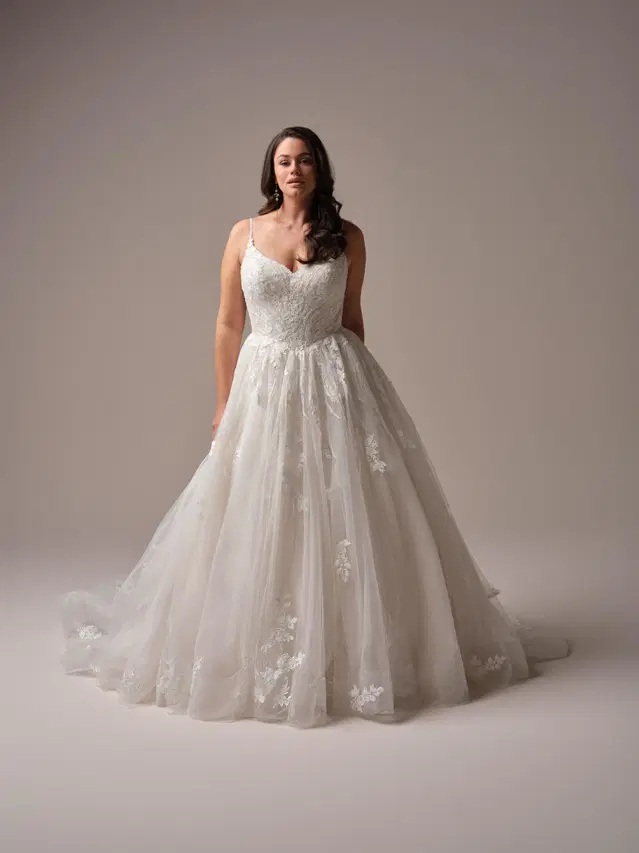 Liberty by Maggie Sottero: A-Line silhouette, deep V-neck neckline, sleeveless, lace