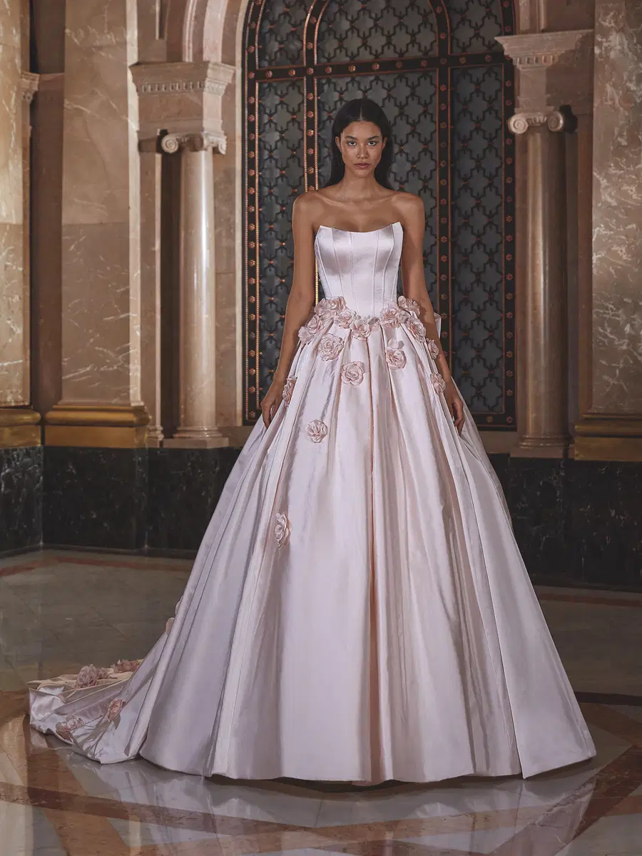 DP552 by Demetrios: Ball Gown silhouette, scoop neckline, sleeveless, satin