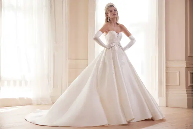 Gabriella by Josephine Scott: Ball Gown silhouette, off-shoulder neckline, sleeveless, mikado