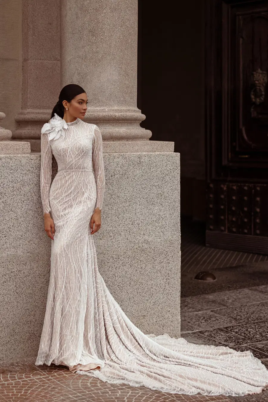 Divine by Carfelli: Mermaid silhouette, high / halter neckline, long sleeves, lace