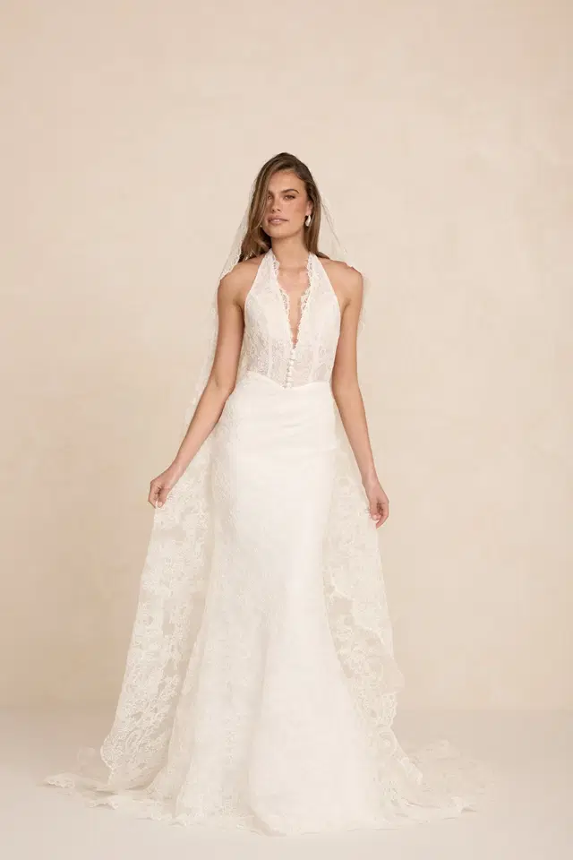 Eloise by MWL Bride: deep V-neck neckline, sleeveless, lace