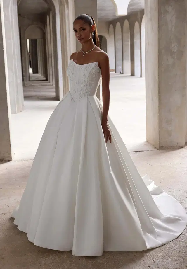 Lyra by Mori Lee: Ball Gown silhouette, off-shoulder neckline, sleeveless, satin