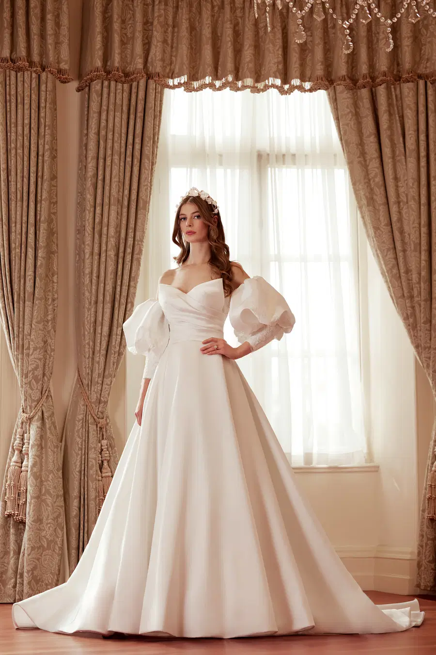 Milla Lux by Josephine Scott: A-Line silhouette, off-shoulder neckline, puff sleeves, mikado