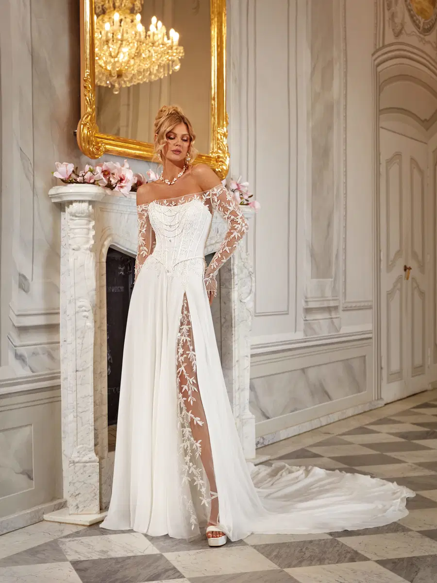 Nanette by Vanilla Sposa: A-Line silhouette, off-shoulder neckline, long sleeves, chiffon