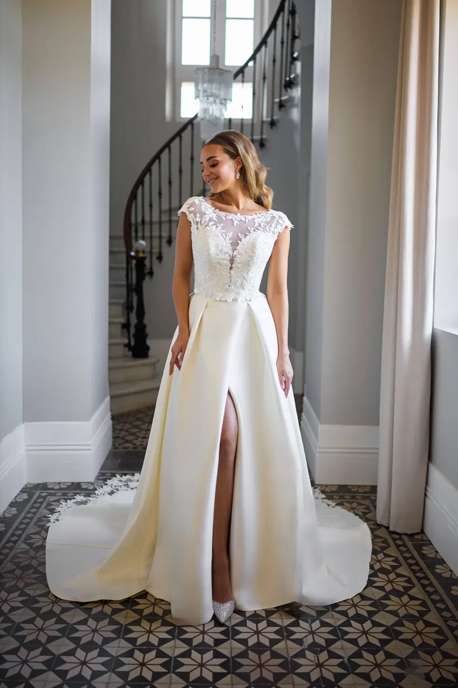 27214 by Très Chic: A-Line silhouette, deep V-neck neckline, separate sleeves, mikado
