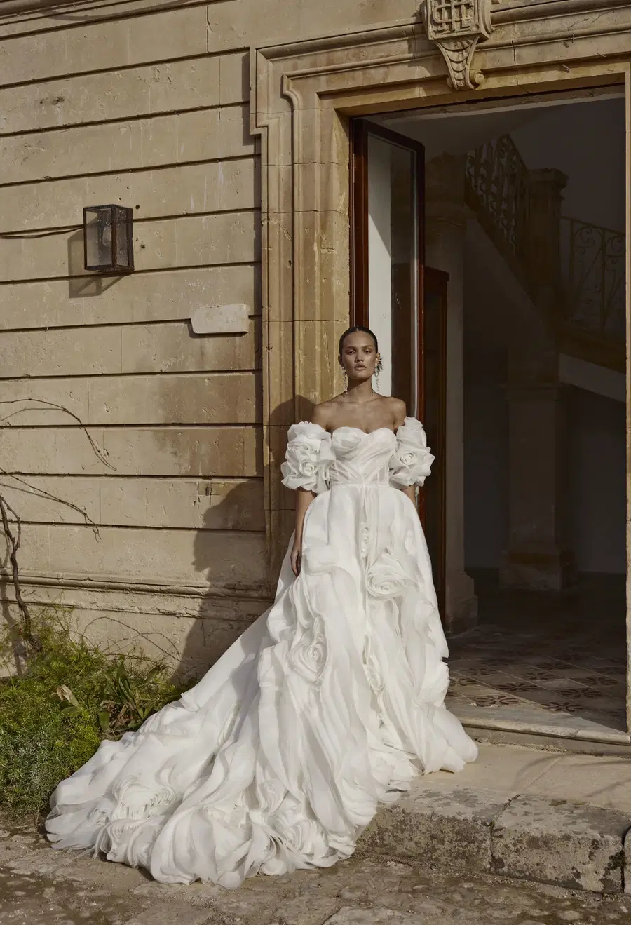 Rosalie 25-007 by Ricca Sposa: Ball Gown silhouette, sweetheart neckline, short sleeves, organza