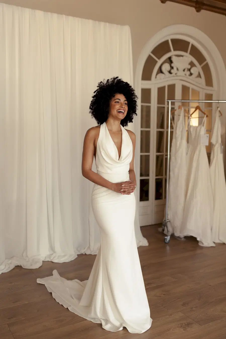 Palmer Crepe by MWL Bride: Mermaid silhouette, deep V-neck neckline, sleeveless, satin