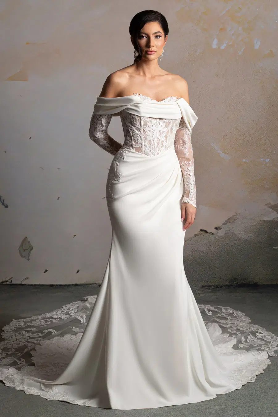 Acacia by Donna Salado Bridal: Mermaid silhouette, off-shoulder neckline, long sleeves, lace